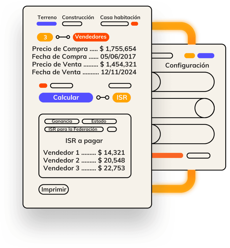 Vista de la calculadora ISR Plus: pestañas Terreno y Construcción, datos de compra y venta, cálculo por vendedor e ISR a pagar.