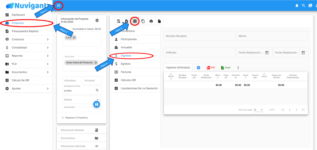 Registrar los Ingresos desde el apartado Proyectos