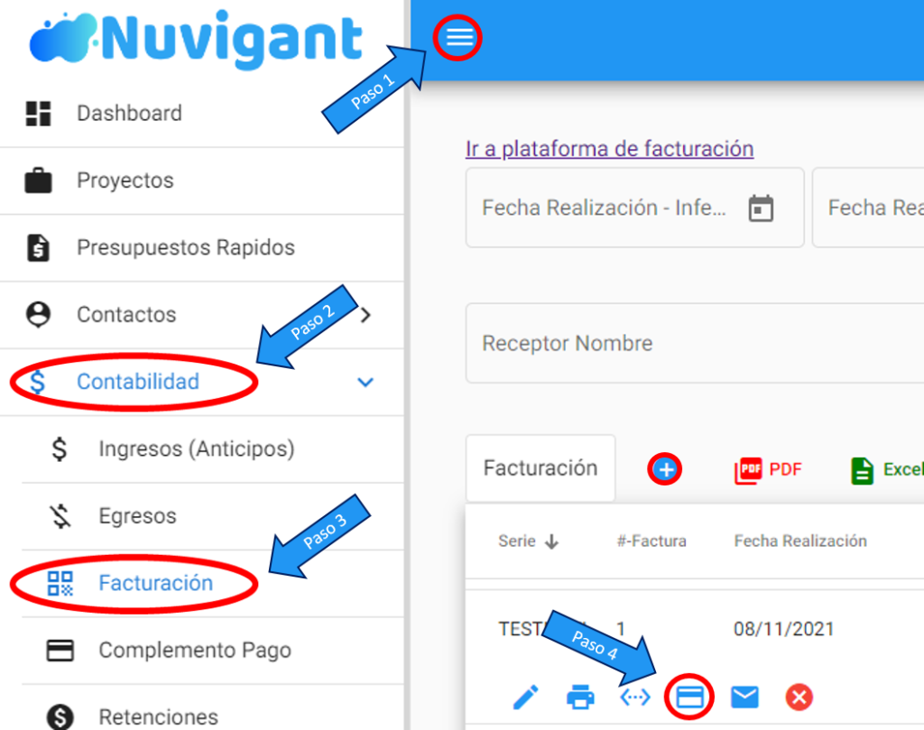 Facturas con complemento de pago desde el apartado Facturación
