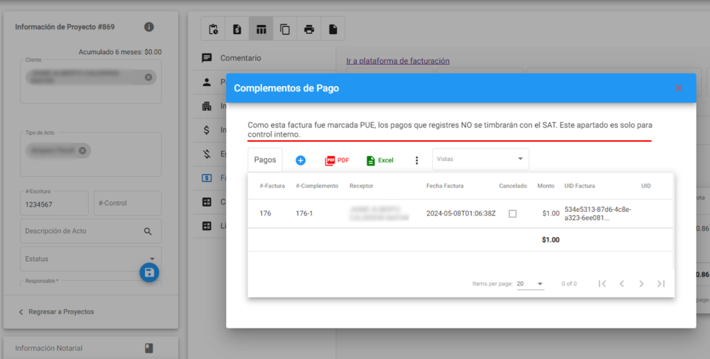 Registrar pago para control interno en Facturas PUE