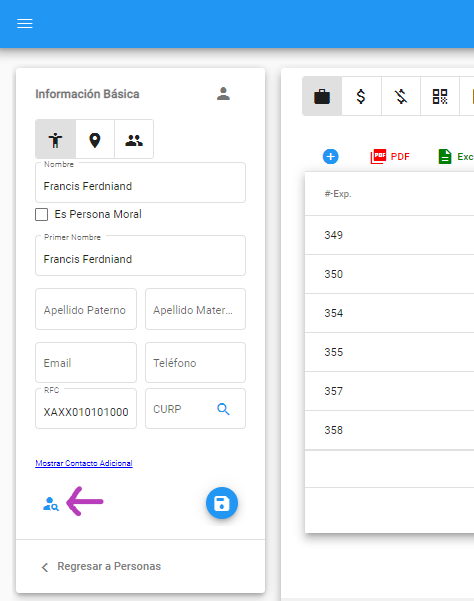 Desde el expediente de un cliente (en opción de Contactos)