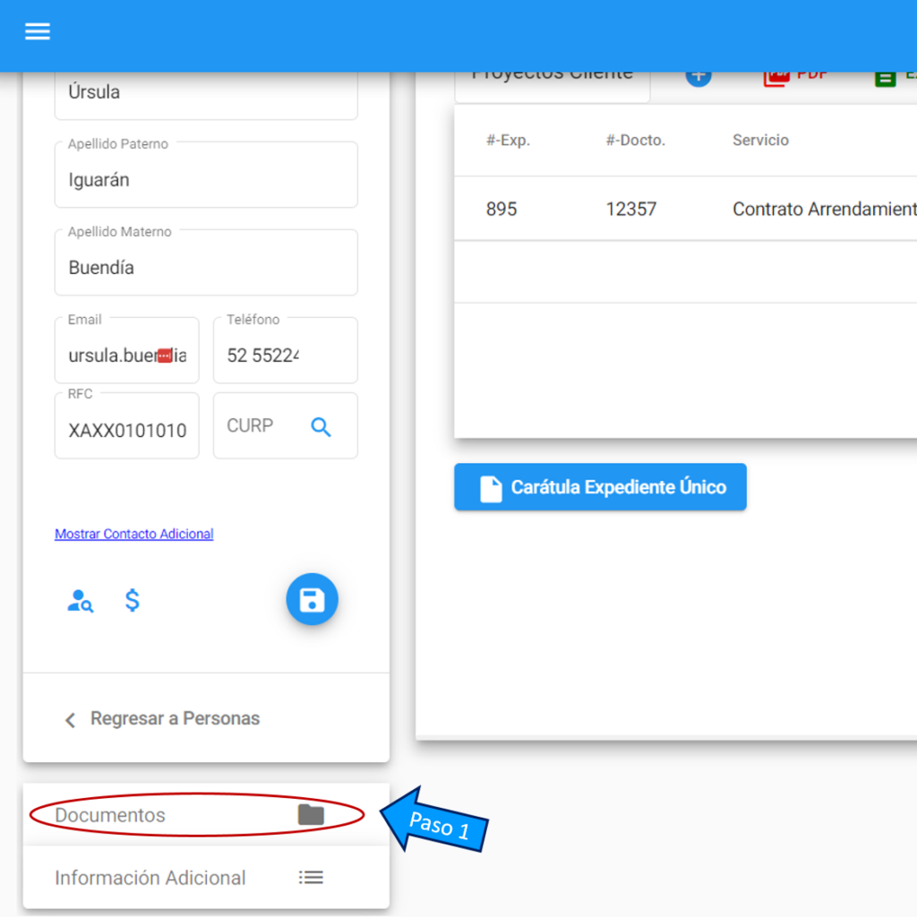Documentos en el expediente del cliente