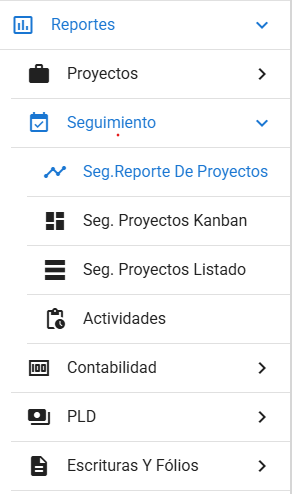 Como acceder al apartado de Reporte de seguimiento de proyectos